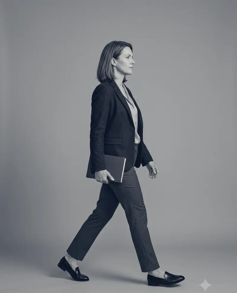 A woman in a suit walking with a notebook under her arm