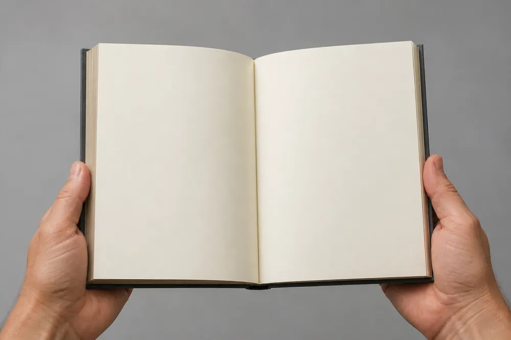 Two hands holding an open book with blank cream pages