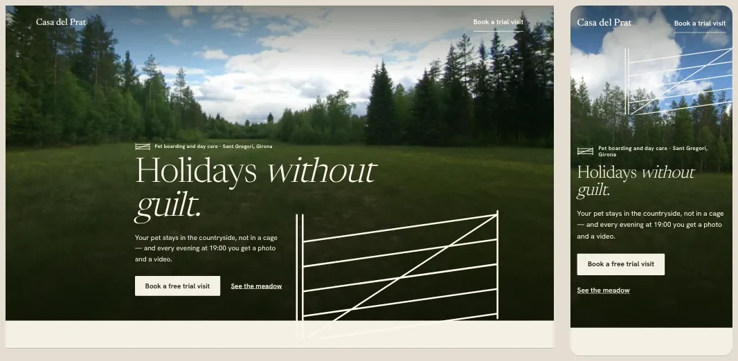 Direction 1, Open Gate: a full-bleed meadow with a white farm gate drawn over it, at desktop and phone width