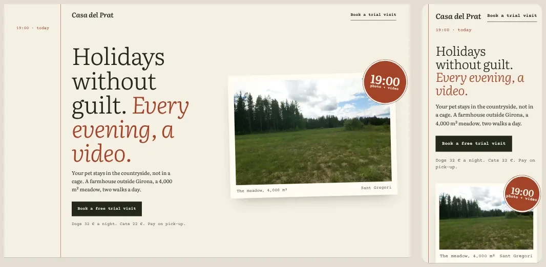 Direction 3, Evening Note: the meadow as a postcard with a round 19:00 seal, at desktop and phone width