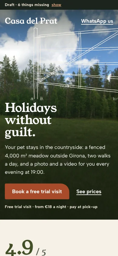 The same page's first screen at phone width
