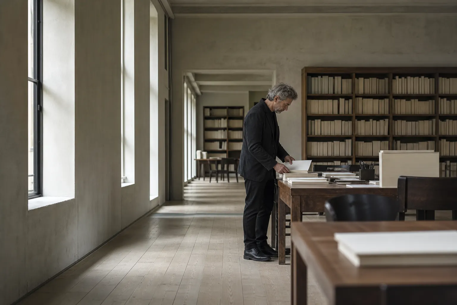 A quiet workroom: long wooden tables, tall windows and shelves of books