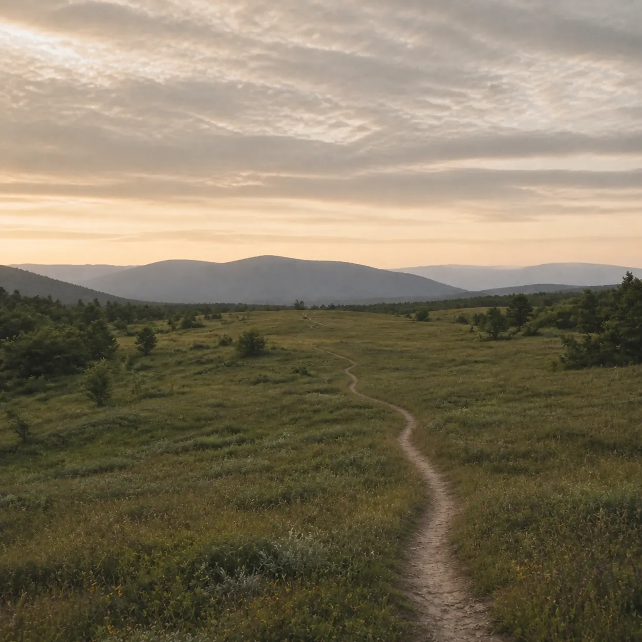 A path through open grassland toward low mountains at dusk