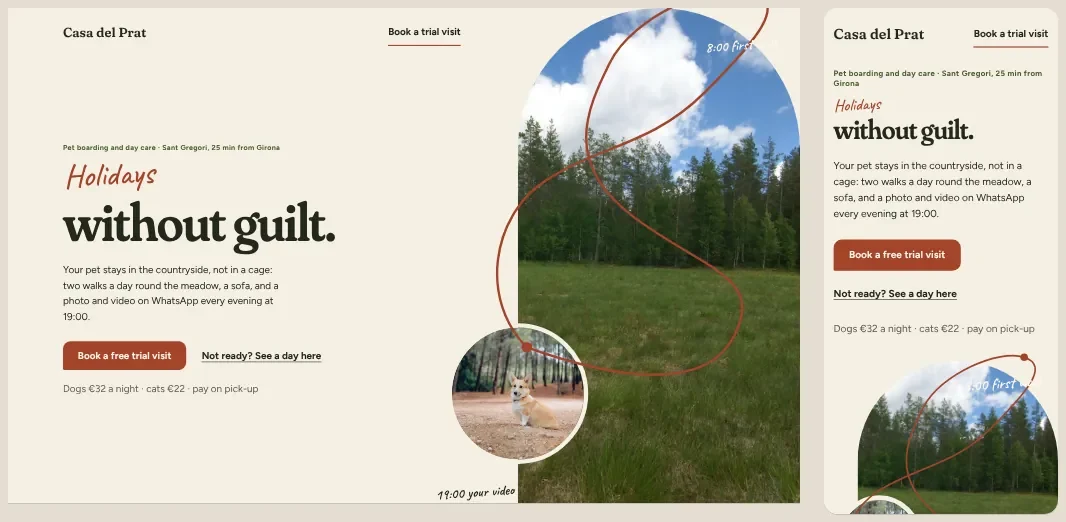 Direction 2, The Walk: the walk round the meadow drawn by hand, a photo in an arch and a dog in a circle.