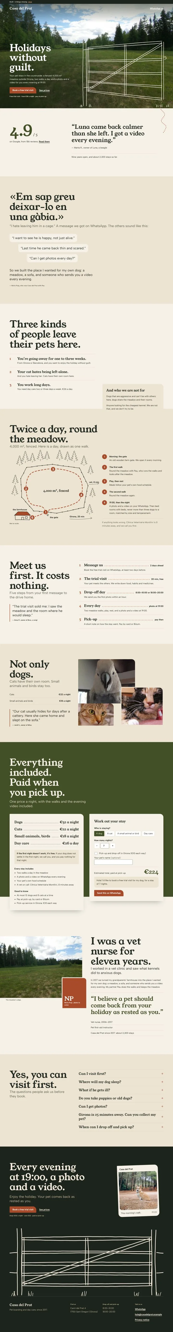 The full page the builder made for the test brief, from the first screen to the footer.