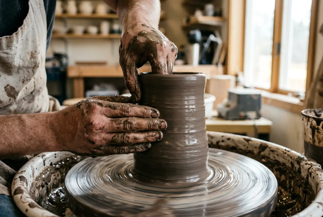 A student’s clay-covered hands raising a cylinder on the spinning wheel
