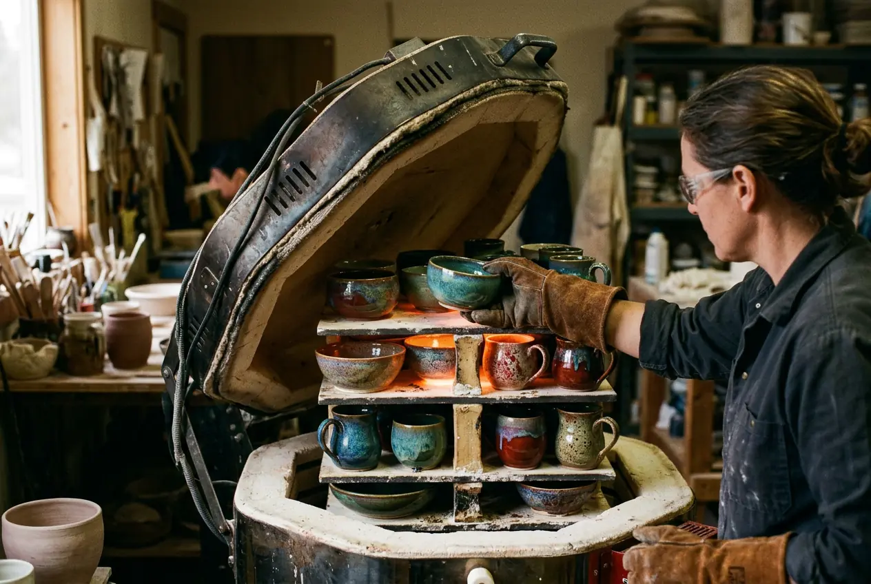 Marta in heat gloves opening the kiln, shelves full of freshly glazed mugs and bowls