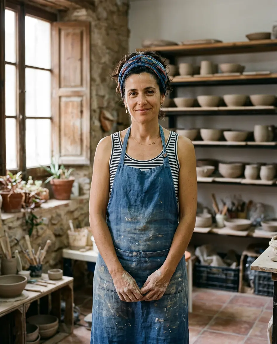 Marta Ferrer in a clay-dusted denim apron, standing in front of shelves of bisque-fired bowls