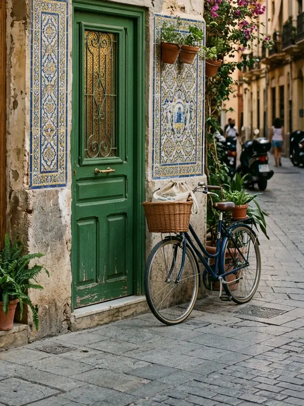The green studio door on Carrer de Cádiz, framed by blue and yellow tiles, with a bicycle leaning outside