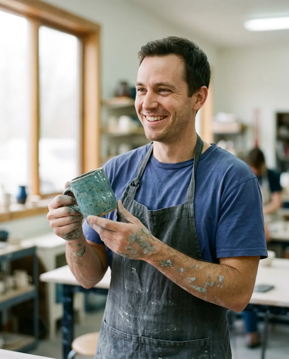 Jordi, smiling in a clay-streaked apron, holding his first glazed mug