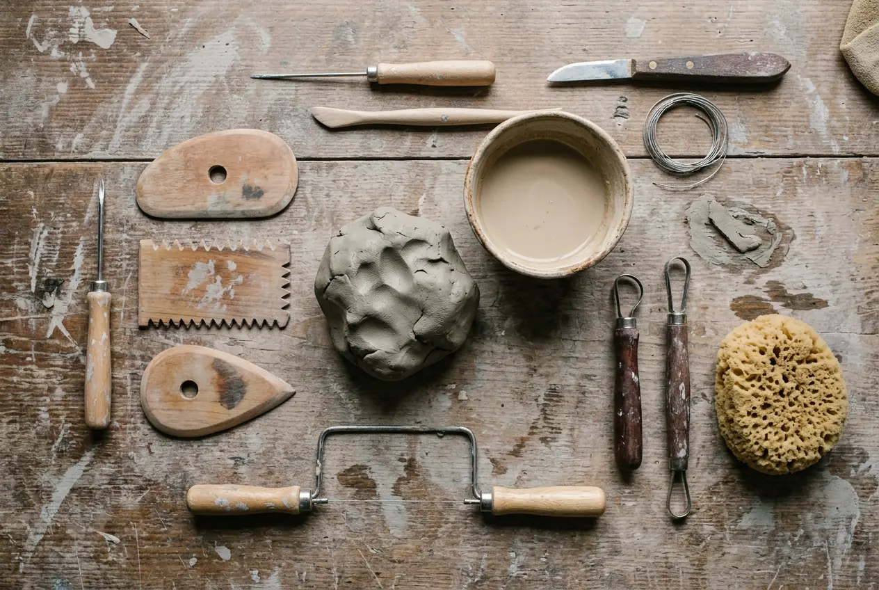 Pottery tools laid out on a worn wooden table: wire cutter, ribs, loop tools, sponge, a ball of clay