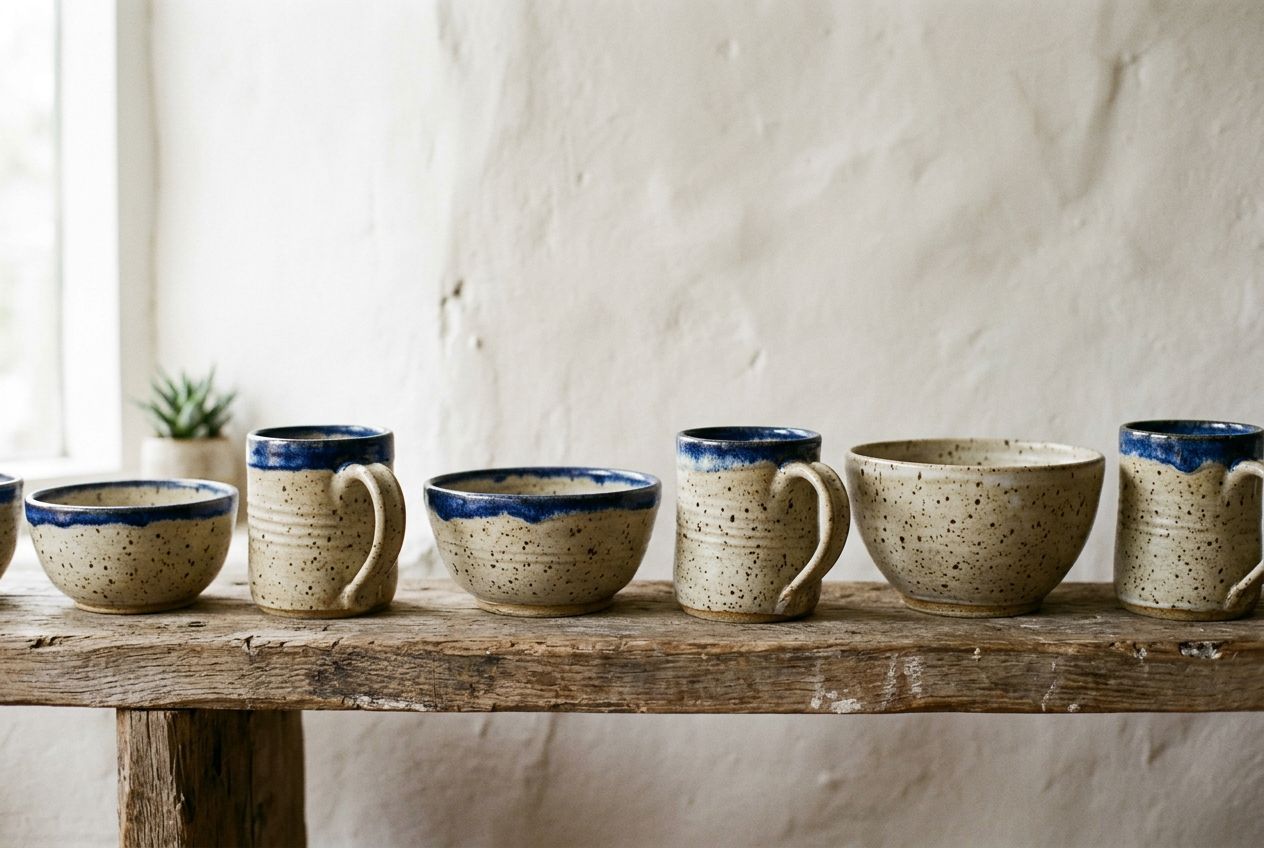 Marta’s own glazed bowls and mugs on a wooden shelf