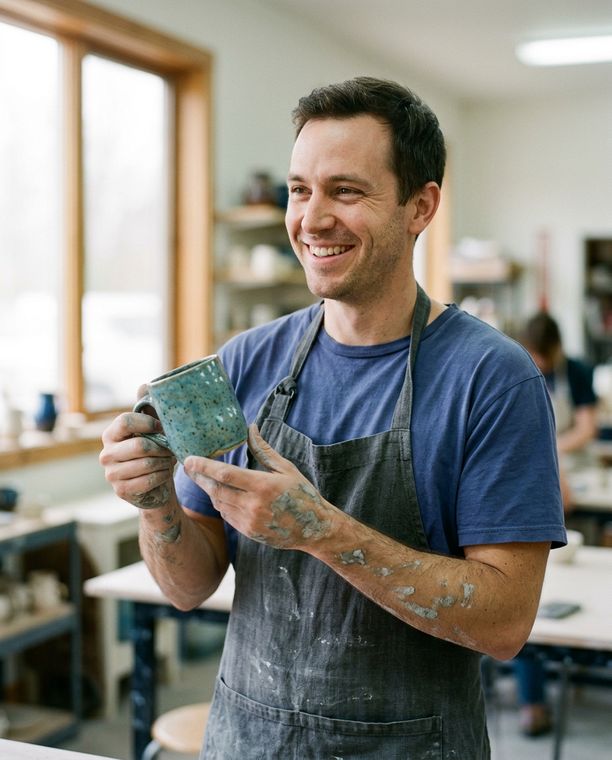 Jordi, a student, holding his first mug