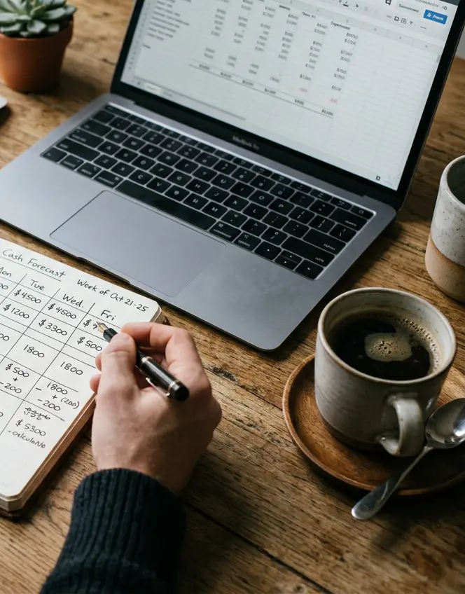 A client's hand writing figures into a weekly cash forecast notebook next to a laptop spreadsheet and a cup of coffee
