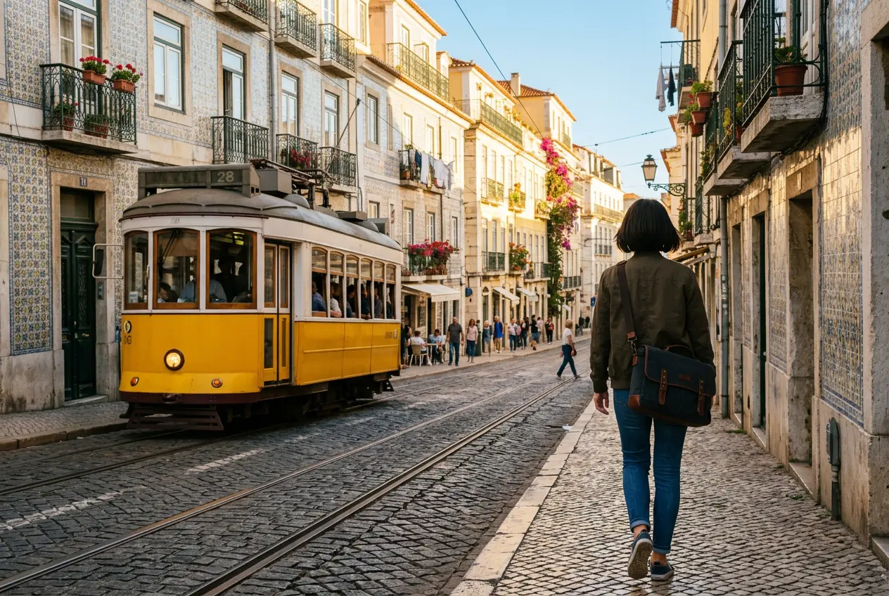 Inês walking along a tiled Lisbon street beside a yellow tram