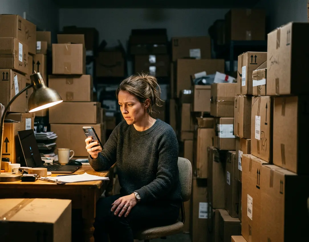 A founder at a desk in a stockroom full of boxes, frowning at her phone late in the evening