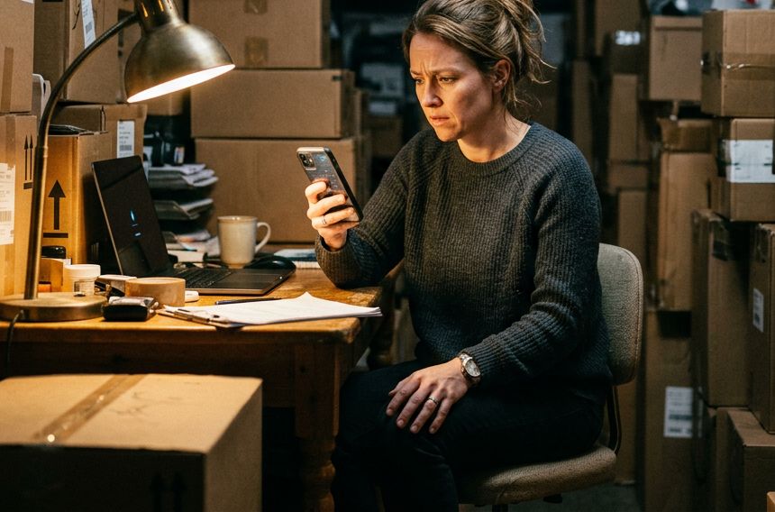 A founder alone at a desk among stacked boxes of stock, reading her phone