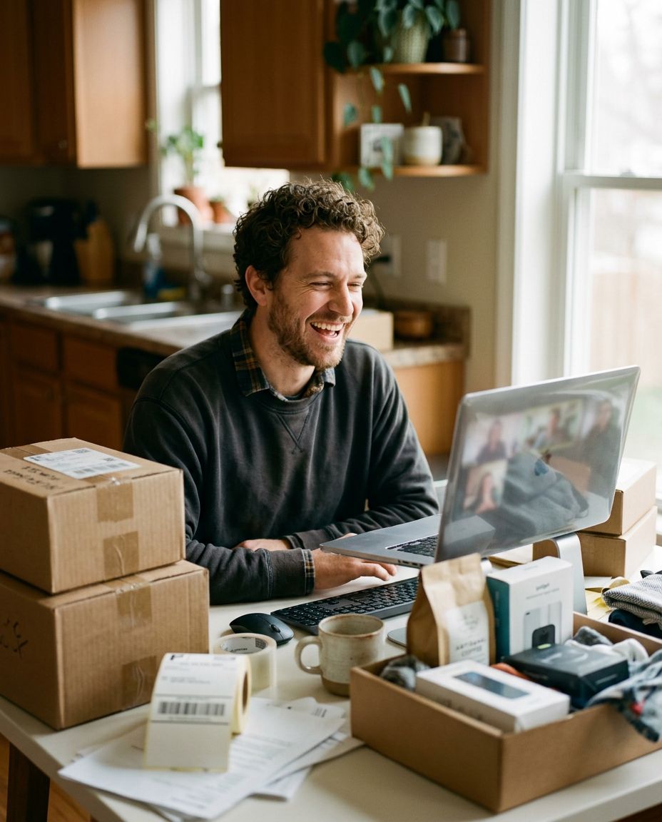 Tomás Ribeiro laughing on a review call at his desk, parcels around him