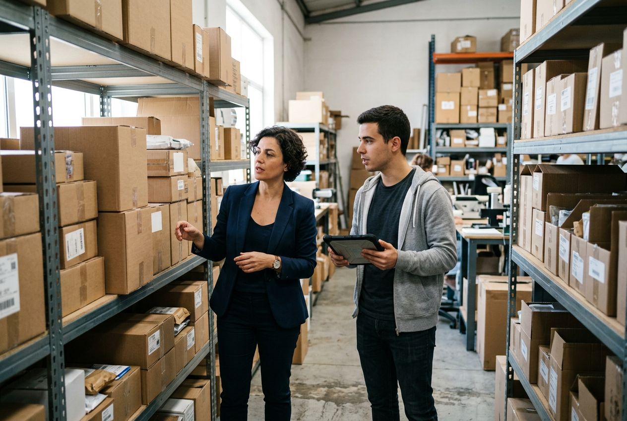 Inês Carvalho with a client founder in his warehouse, between shelves of stock